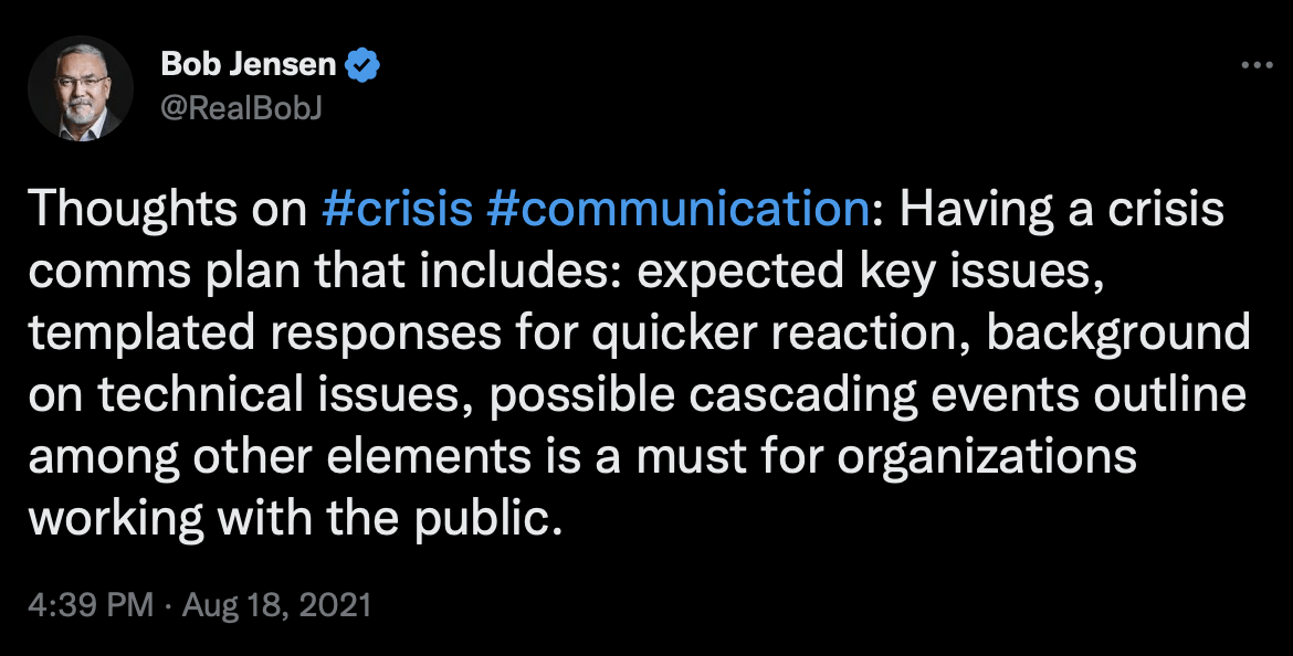 Crisis management experts: Bob Jensen's tweet about crisis communication