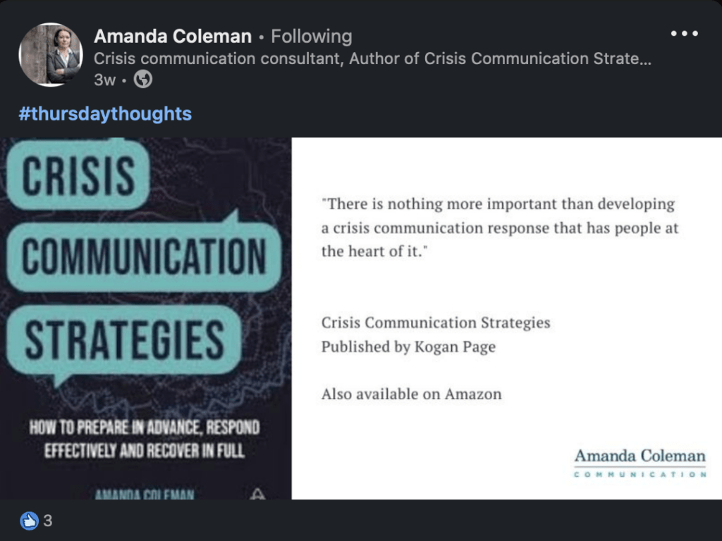 Crisis management experts: Amanda Coleman's LinkedIn Post quoting her book "Crisis Communication Strategies"